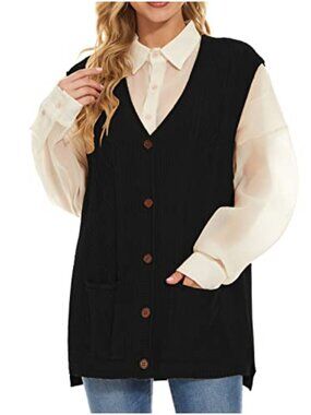 Women's Long Cable Knit Sweater Vest V-Neck Sleeveless Loose Tunic Top